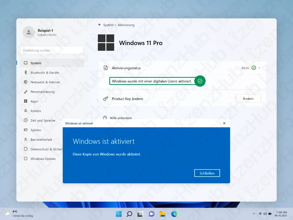 Ein Aktivierungsbildschirm von Windows 11 Pro zeigt: Windows wurde mit einer digitalen Lizenz aktiviert. Ein blaues Pop-up meldet außerdem: Windows ist aktiviert. Diese Kopie von Windows wurde aktiviert.