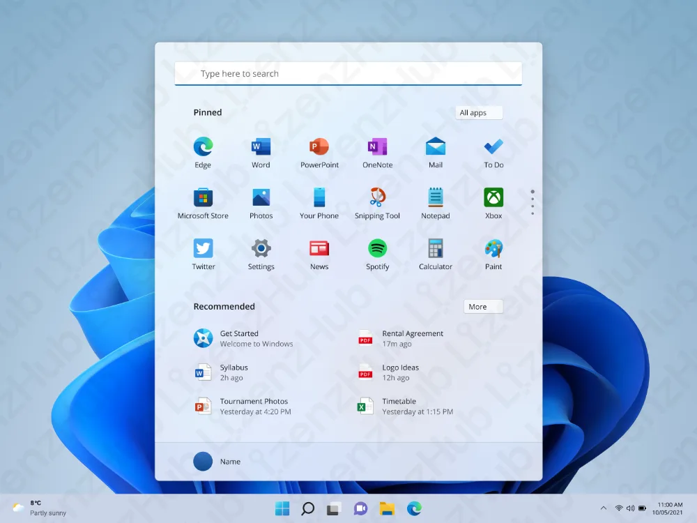 Ein Bildschirm zeigt das Windows-11-Startmenü mit angehefteten Apps wie Word, Excel, Edge und weiteren. Darunter werden empfohlene Dateien angezeigt. Die Taskleiste mit verschiedenen Symbolen ist unten sichtbar.