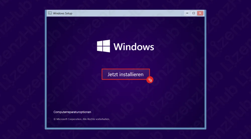 Ein Windows-Setup-Bildschirm in deutscher Sprache mit einer großen Schaltfläche Jetzt installieren" in der Mitte auf violettem Hintergrund und zusätzlichen Optionen in kleiner Schrift darunter.