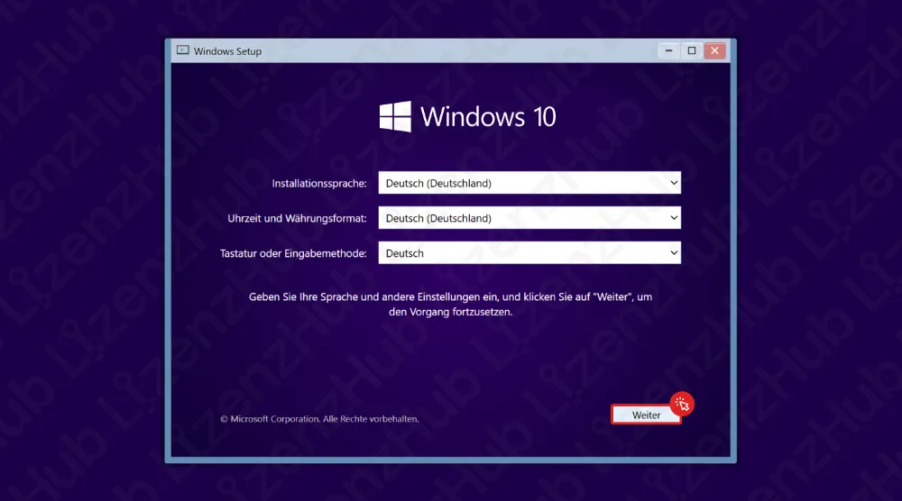 Der Windows-Setup-Startbildschirm zeigt Optionen für Sprache, Uhrzeit- und Währungsformat sowie Tastatur/Eingabemethode. Die Schaltfläche Weiter unten rechts ist mit rotem Kreis und Pfeil markiert.