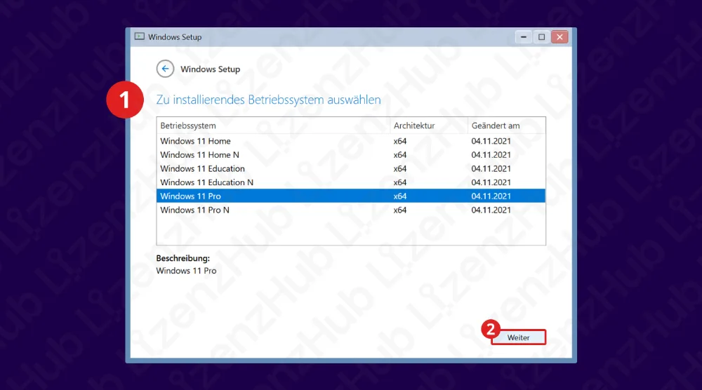 Ein Windows-Setup-Bildschirm zeigt eine Liste von Windows-Editionen, darunter Home, Education und Pro. Windows 11 Pro N ist markiert. Eine Schaltfläche Weiter und nummerierte Schritte sind sichtbar.