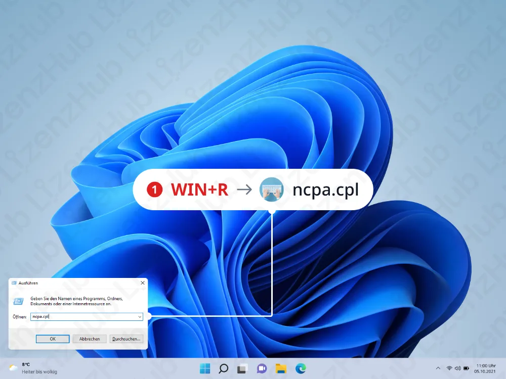 Ein Windows-11-Desktop zeigt das Dialogfeld Ausführen mit eingegebenem ncpa.cpl. Eine Einblendung hebt Win+R und die Eingabe von ncpa.cpl hervor, um die Netzwerkverbindungen zu öffnen.