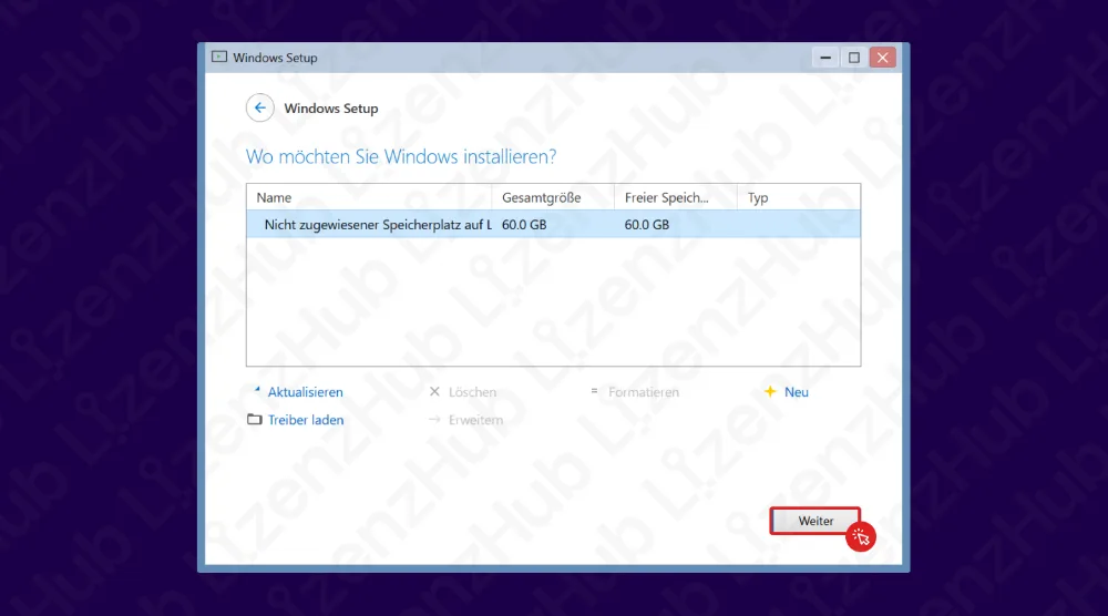 Ein Windows-Setup-Bildschirm zeigt die Laufwerksauswahl. Laufwerk 0 Nicht zugeordneter Speicherplatz mit 60,0 GB ist markiert, und die Schaltfläche Weiter unten rechts ist rot umrandet.