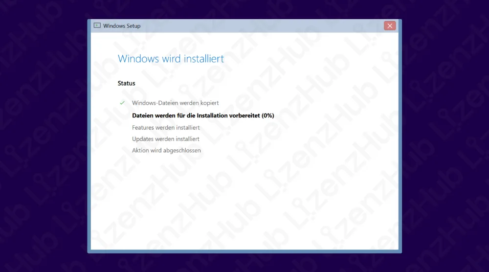 Ein Windows-Setup-Bildschirm zeigt den Installationsfortschritt. Dateien für die Installation werden vorbereitet (0%) ist hervorgehoben, und Windows-Dateien werden kopiert ist abgehakt. Weitere Schritte sind noch nicht gestartet.