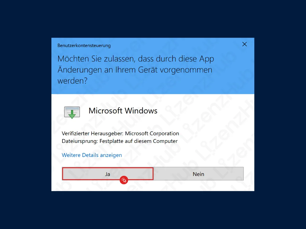 Eine Benutzerkontensteuerung fragt: Möchten Sie zulassen, dass durch diese App Änderungen an Ihrem Gerät vorgenommen werden? Mit den Optionen Ja (markiert) und Nein. Die App stammt von Microsoft Corporation.