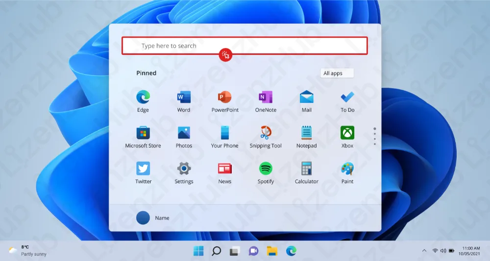 Das Windows-11-Startmenü ist geöffnet. Oben ist die Suchleiste sichtbar; darunter sind angeheftete Apps wie Edge, Word, PowerPoint, Mail, Store, Xbox, Twitter und Einstellungen. Unten ist die Taskleiste zu sehen.