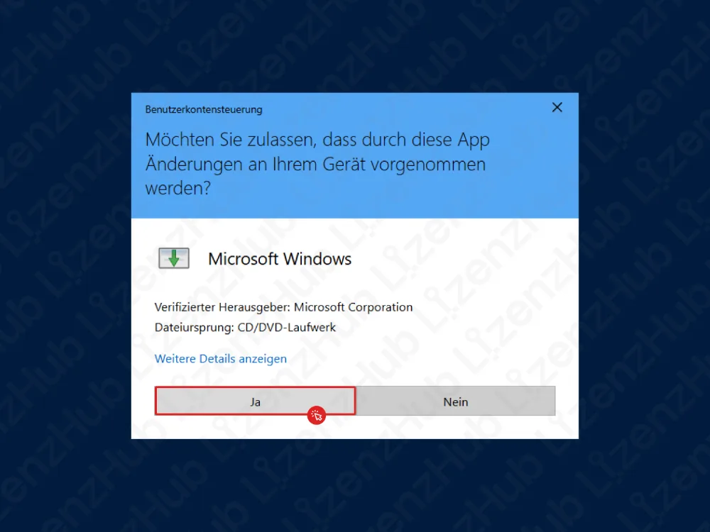 Eine Benutzerkontensteuerung fragt: Möchten Sie zulassen, dass durch diese App Änderungen an Ihrem Gerät vorgenommen werden? Mit den Schaltflächen Ja und Nein; Ja ist hervorgehoben. Die App stammt von Microsoft Windows.