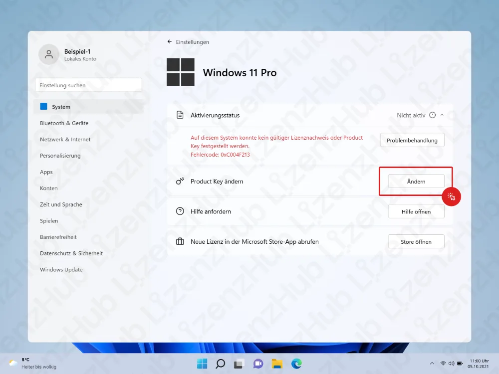 Aktivierungseinstellungen von Windows 11 Pro mit einer Fehlermeldung: Es wurde keine gültige digitale Lizenz oder kein Product Key gefunden. Der Bereich zum Ändern des Product Keys ist rot hervorgehoben.