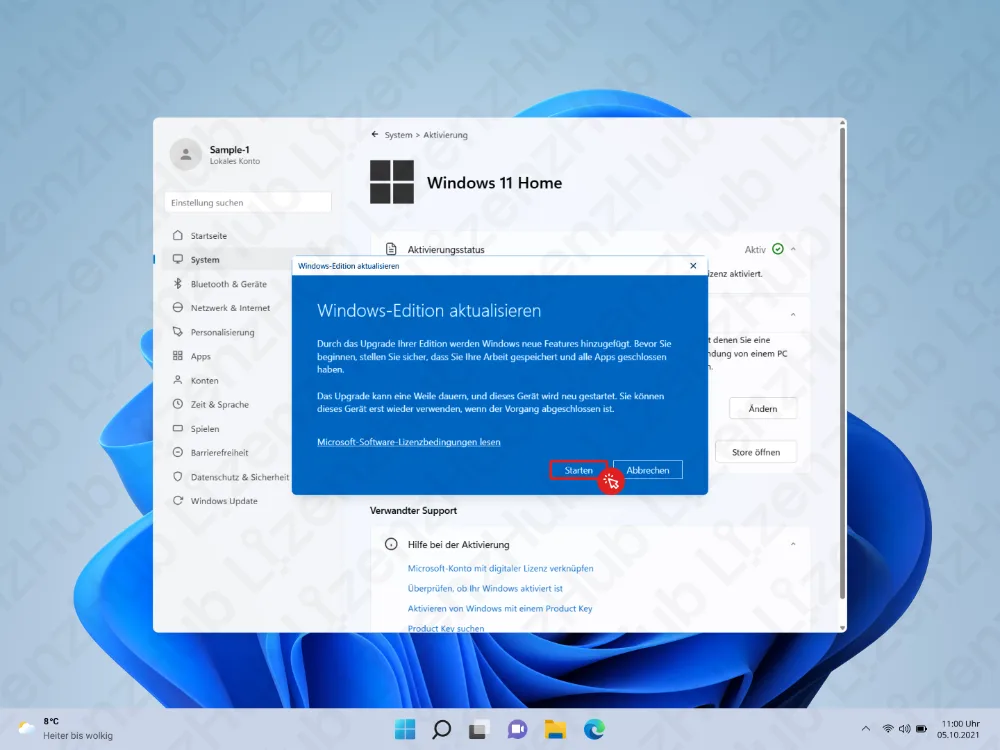 Ein Aktivierungsfenster von Windows 11 Home zeigt ein blaues Dialogfeld zum Upgrade der Windows-Edition. Die Schaltfläche Start ist rot hervorgehoben. Der Mauszeiger zeigt auf Start.