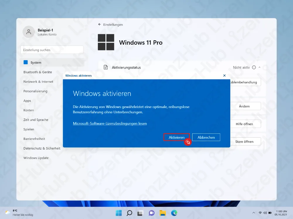 Ein Einstellungsfenster von Windows 11 Pro zeigt ein Pop-up „Windows aktivieren“. Die Schaltfläche Aktivieren ist rot markiert, im Hintergrund sind Systemeinstellungen zu sehen.
