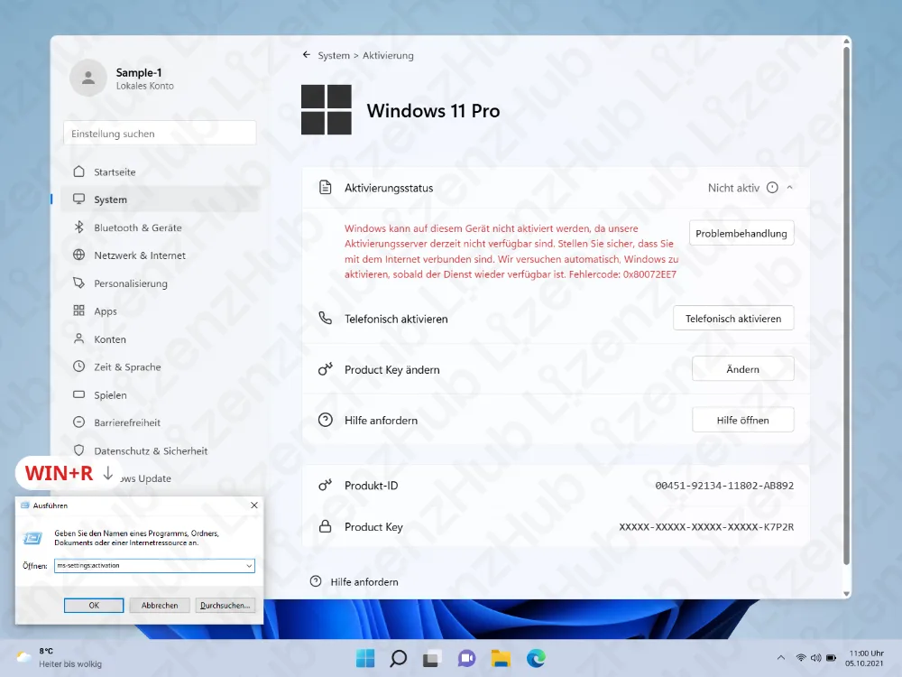 Ein Aktivierungsbildschirm von Windows 11 Pro zeigt, dass das Gerät nicht aktiviert ist, mit einer roten Fehlermeldung. Unten links sind außerdem das Startmenü und das Dialogfeld Ausführen mit eingegebenem ms-settings:activation sichtbar.