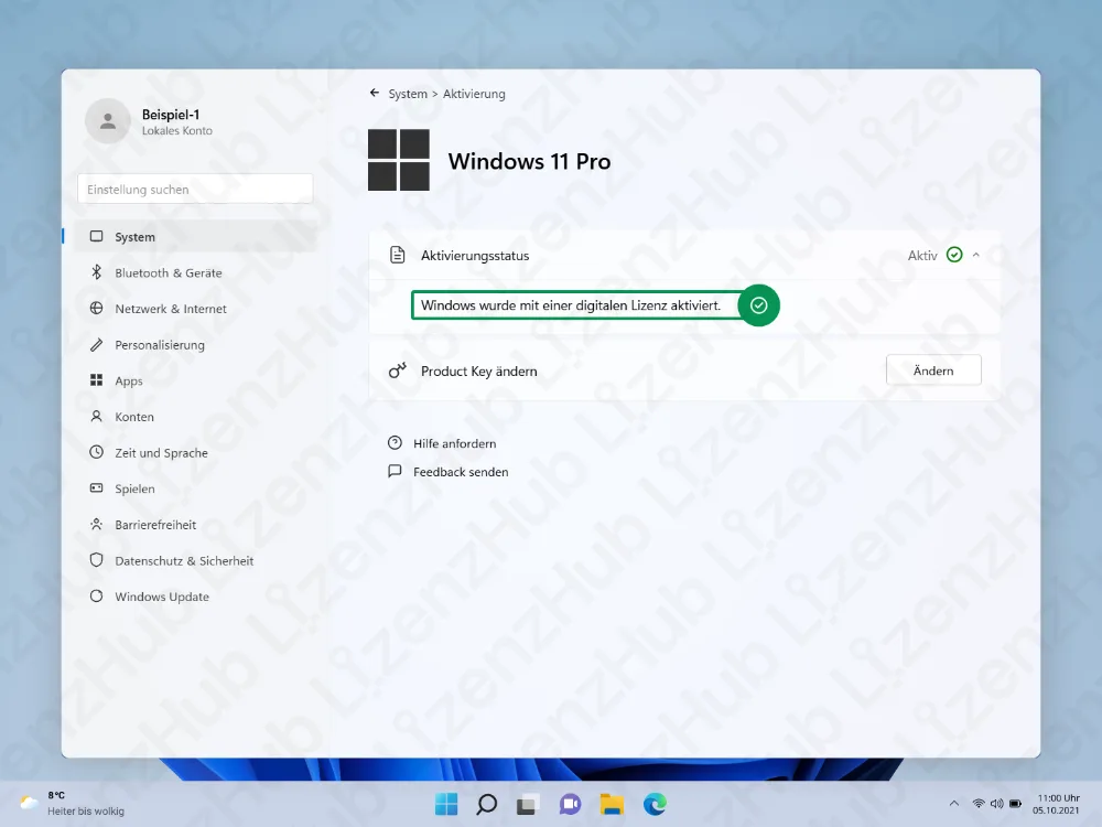 Aktivierungseinstellungen von Windows 11 Pro zeigen, dass das System mit einer digitalen Lizenz aktiviert ist. Der Aktivierungsstatus ist als Aktiv markiert, und Optionen zum Ändern des Product Keys oder zum Abrufen von Hilfe sind sichtbar.
