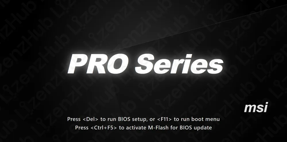 Schwarzer MSI-Startbildschirm mit PRO Series in großem weißen Text. Darunter stehen Hinweise für BIOS-Setup, Bootmenü und M-Flash-Tasten, mit einem MSI-Logo unten rechts.