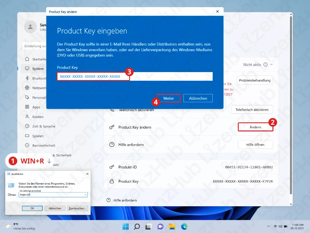 Ein Windows-11-Desktop zeigt Schritte zum Ändern des Product Keys: Ausführen öffnen (Win+R), ms-settings:activation eingeben, bei Product Key auf Ändern klicken, den neuen Key eingeben und auf Weiter klicken.