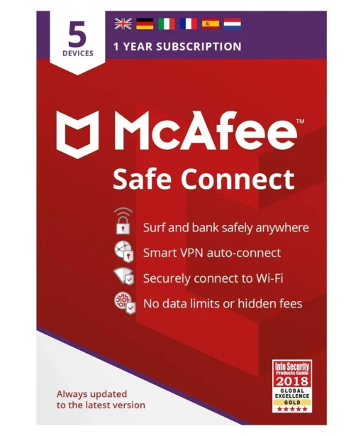 McAfee Safe Connect VPN-Box mit 1-Jahres-Abonnement für 5 Geräte. Bietet wie Avast Ultimate automatische VPN-Verbindung, sicheres Wi-Fi, keine Datenlimits oder versteckte Gebühren. Mit Flaggen und Award-Symbol in rot-weißem Design.