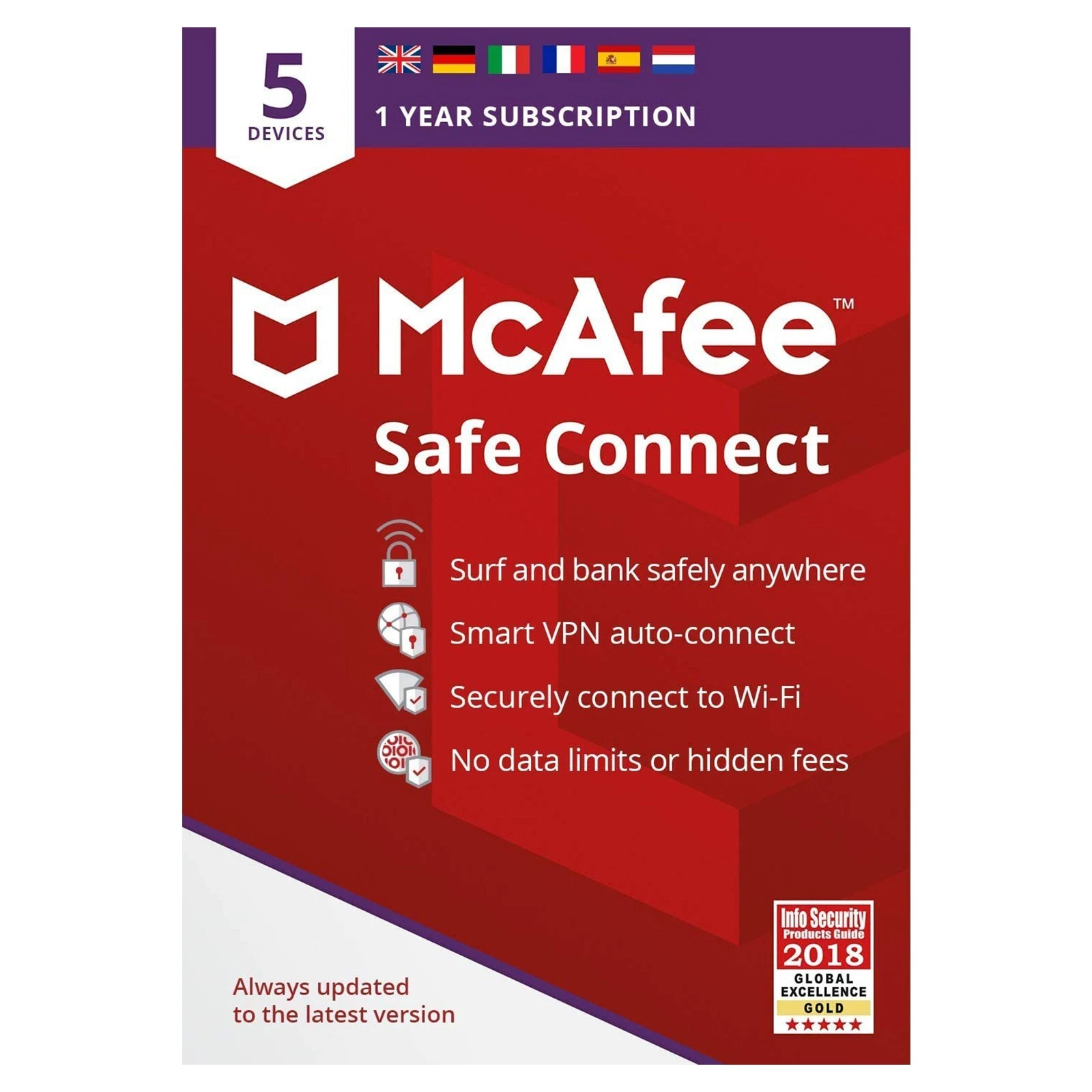 McAfee Safe Connect VPN-Box mit 1-Jahres-Abonnement für 5 Geräte. Bietet wie Avast Ultimate automatische VPN-Verbindung, sicheres Wi-Fi, keine Datenlimits oder versteckte Gebühren. Mit Flaggen und Award-Symbol in rot-weißem Design.