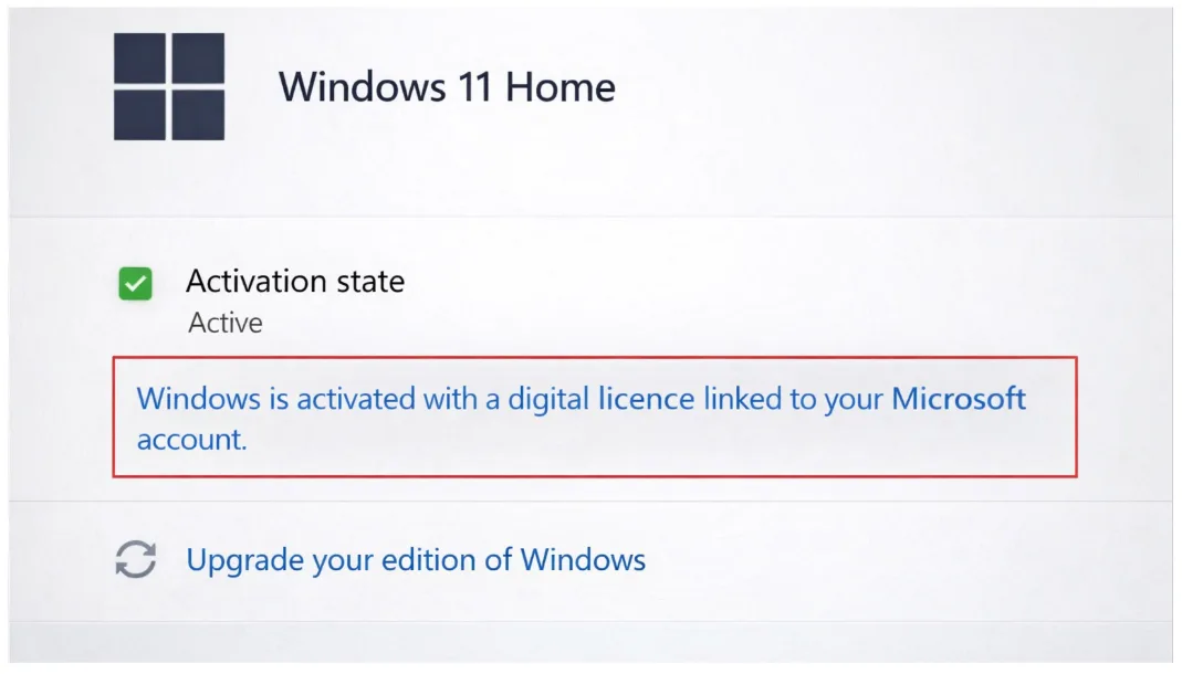 Microsoft® Windows® 11 Home Aktivierungsstatus: Hinweis „Windows is activated with a digital license linked to your Microsoft account“ im Bereich „Activation state“.