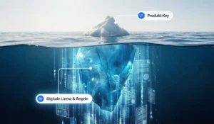 Eisberggrafik mit Beschriftungen „Produkt-Key“ (oberhalb der Wasserlinie) und „Digitale Lizenz & Regeln“ (unter Wasser); verdeutlicht den Unterschied zwischen Produktschlüssel und digitaler Lizenz.