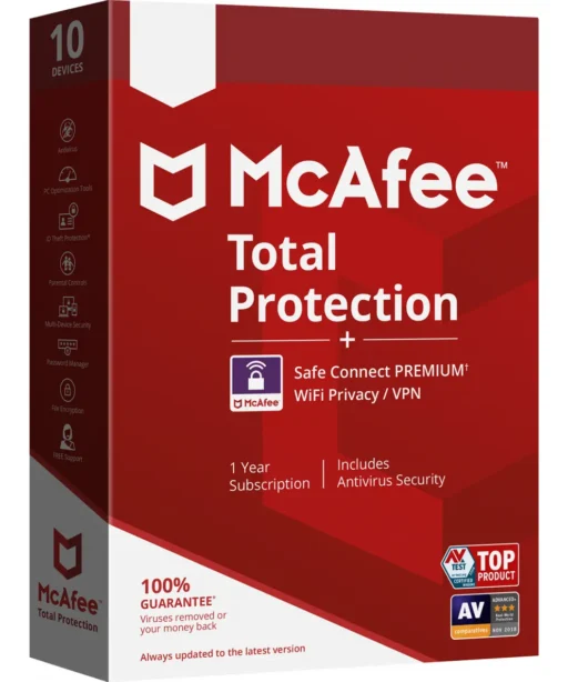 Eine rot-weiße Verkaufsverpackung für die Antiviren-Software McAfee Total Protection 2026 wirbt für VPN, Antiviren-Sicherheit und ein 1-Jahres-Abonnement für bis zu 10 Geräte, ähnlich wie bei Avast Ultimate. Auf der Verpackung sind mehrere Zertifizierungsplaketten abgebildet.