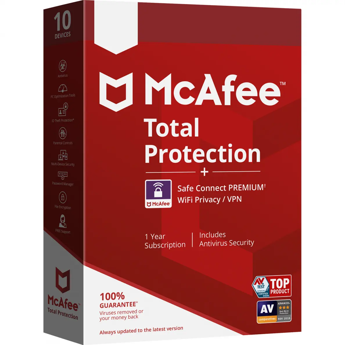 Eine rot-weiße Verkaufsverpackung für die Antiviren-Software McAfee Total Protection 2026 wirbt für VPN, Antiviren-Sicherheit und ein 1-Jahres-Abonnement für bis zu 10 Geräte, ähnlich wie bei Avast Ultimate. Auf der Verpackung sind mehrere Zertifizierungsplaketten abgebildet.