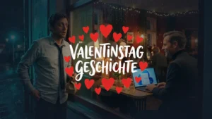 Lukas’ Valentinstags-Dilemma – Mann im Café mit Herz-Grafiken und Laptop
