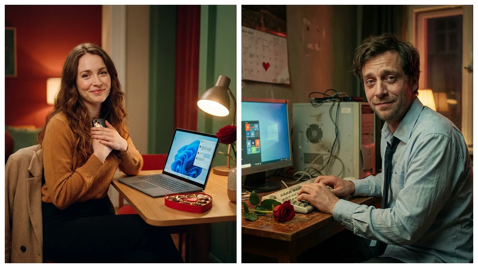 Collage: Links Frau mit Laptop und Rose, rechts Mann am alten PC – Valentinstag & Technikproblem