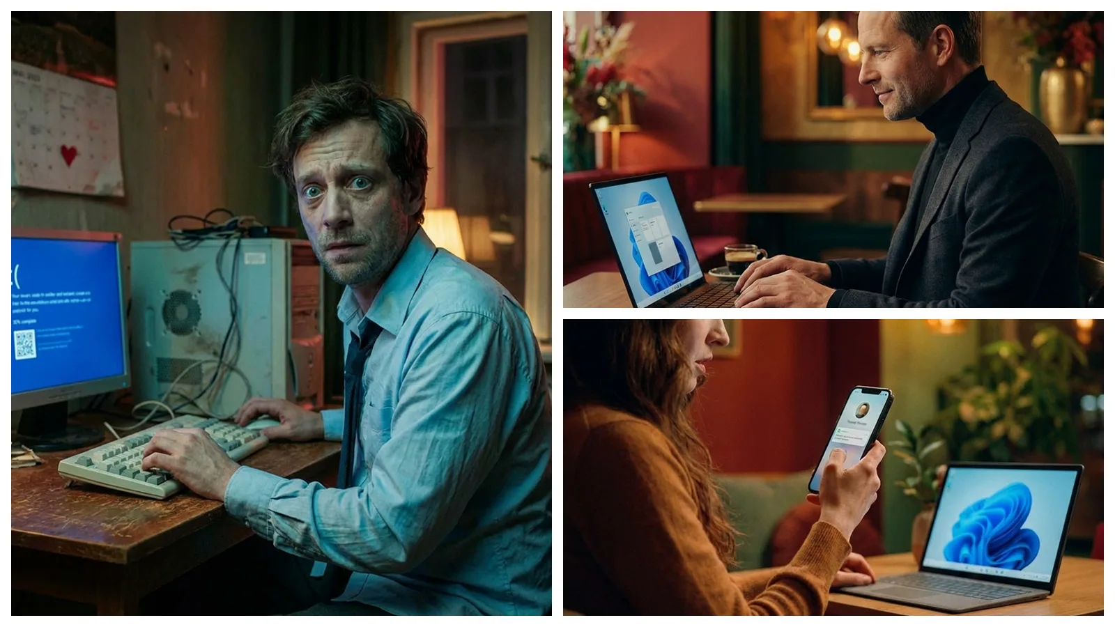 Collage: Lukas mit altem PC, Thomas mit modernem Laptop, Anna erhält Nachricht – Valentinstag & Technik