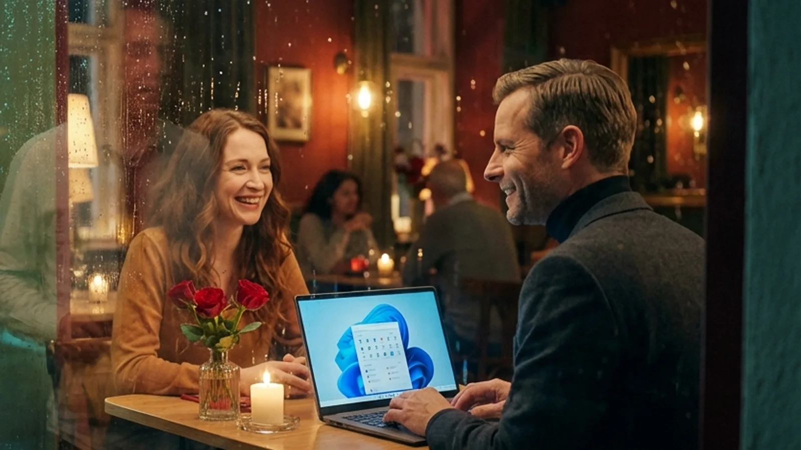 Romantisches Café: Anna und Thomas am Fenster, Laptop mit Windows® 11, Kerzenlicht