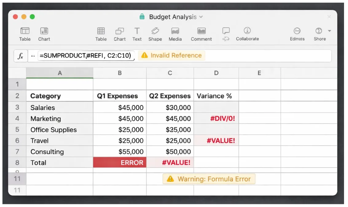 Microsoft® Excel auf macOS mit Fehlerhinweisen in Budgettabelle