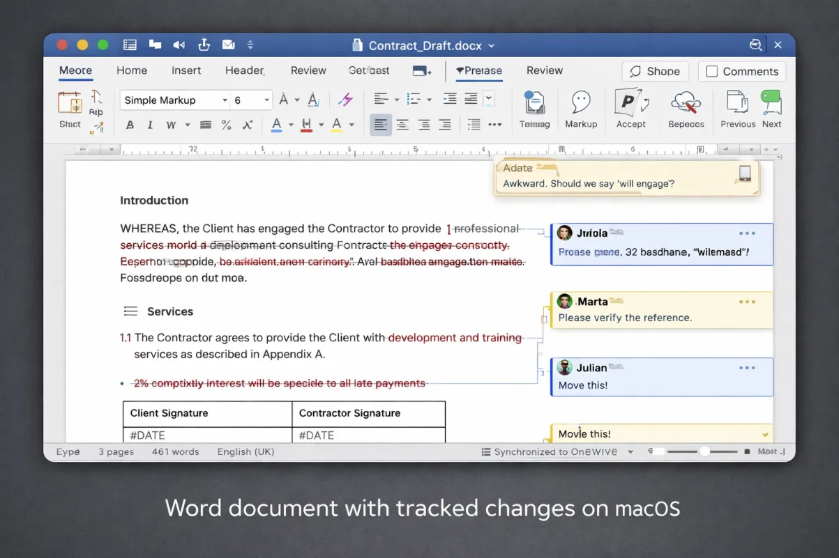 Microsoft® Word auf macOS mit aktivierter Änderungsverfolgung