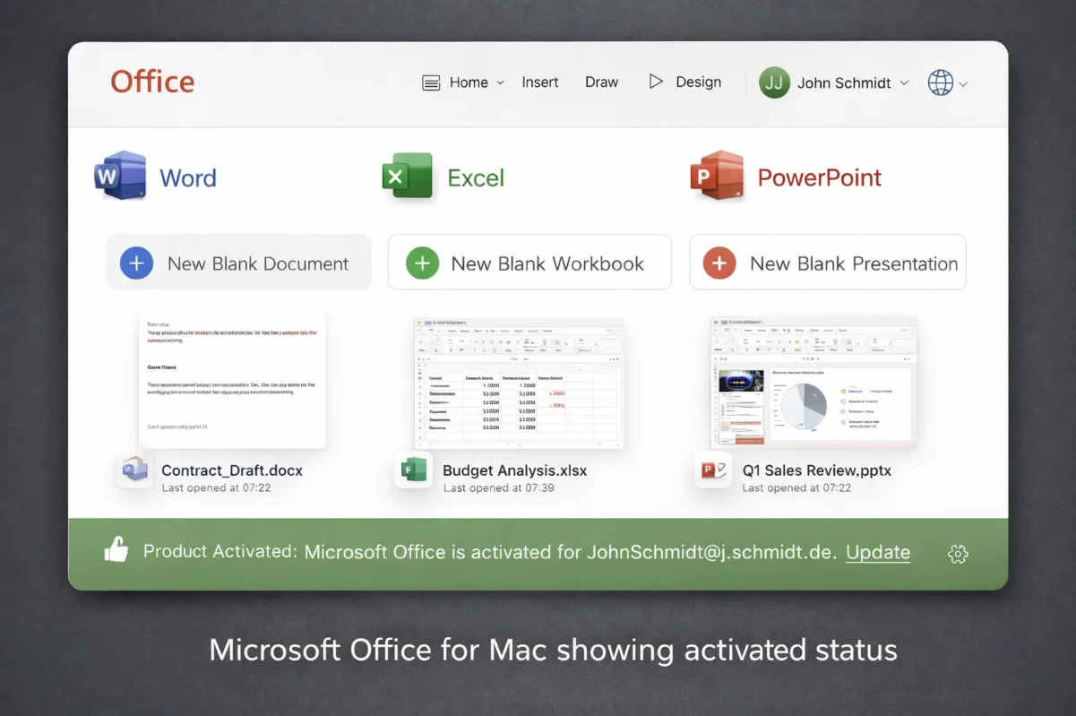 Aktivierter Status von Microsoft® Office auf macOS – Startfenster mit Word, Excel und PowerPoint