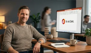 Mann am Schreibtisch mit Microsoft® Word auf macOS – Monitor zeigt Office-Logo und „Es ist Zeit.“