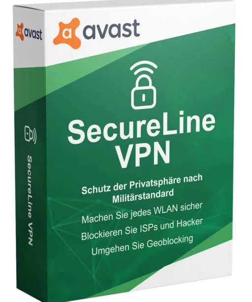 Eine Schachtel der McAfee Safe Connect VPN-Software (Kopie) mit grün-weißem Design, Vorhängeschloss-Symbol und deutschem Text, der den Schutz der Privatsphäre, sicheres Wi-Fi, ISP- und Hacker-Blockierung sowie die Umgehung von Geoblocking hervorhebt.