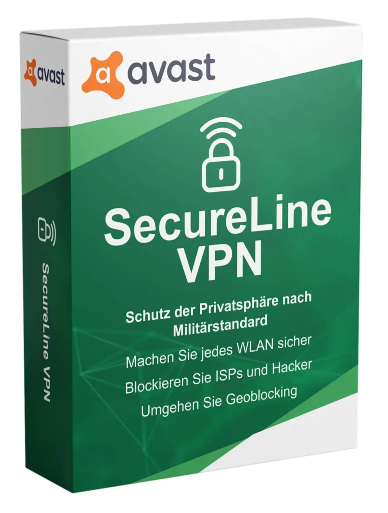 Eine Schachtel der McAfee Safe Connect VPN-Software (Kopie) mit grün-weißem Design, Vorhängeschloss-Symbol und deutschem Text, der den Schutz der Privatsphäre, sicheres Wi-Fi, ISP- und Hacker-Blockierung sowie die Umgehung von Geoblocking hervorhebt.