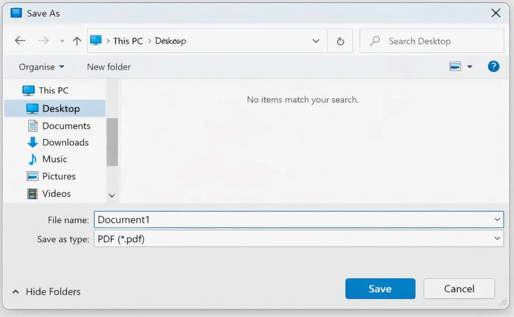 Ein "Speichern unter"-Dialogfeld in Windows, das Optionen zum Word in PDF umwandeln durch Speichern von Dokument1 als PDF auf dem Desktop zeigt. Die Schaltflächen "Speichern" und "Abbrechen" befinden sich am unteren Rand, während der Dateilistenbereich derzeit leer ist.