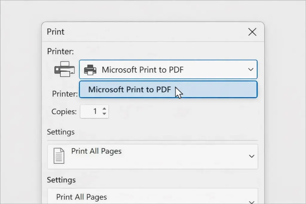 Dialogfeld "Drucken", in dem Microsoft Print to PDF als Drucker ausgewählt ist, wobei ein Exemplar gedruckt werden soll und die Druckeinstellungsoptionen darunter sichtbar sind. Ein Cursor zeigt auf das Dropdown-Menü für die Druckerauswahl.