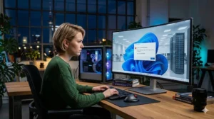 Eine Person sitzt an einem Schreibtisch mit einem Desktop-Computer und einem großen Monitor, auf dem eine Windows-Fehlermeldung angezeigt wird. Der Arbeitsbereich ist modern eingerichtet, mit Büchern, Pflanzen und einem weiteren Computer im Hintergrund.