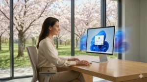 Eine Frau sitzt an einem Schreibtisch und verwendet einen Desktop-Computer mit einem Windows-Anmeldebildschirm. Große Fenster hinter ihr zeigen Bäume mit rosa Blüten, und Sonnenlicht erfüllt den modernen, hellen Büroraum.