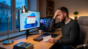 Ein Mann sitzt an einem Schreibtisch vor einem Computer, der eine Fehlermeldung anzeigt. Er sieht gestresst aus und hält sich die Stirn. Auf dem Schreibtisch befinden sich eine Tastatur, eine Maus, Bücher und ein Zettel mit der Aufschrift "Product Key". Im Hintergrund sind ein Fenster und Regale zu sehen.
