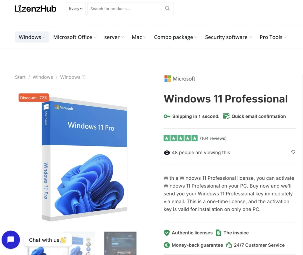 Screenshot einer LizenzHub-Produktseite für Windows 11 Professional mit der Software-Box, einem 72%-Rabatt-Etikett, Sterne-Bewertungen, Kaufdetails und wichtigen Funktionen wie sofortige Lieferung und 24/7-Kundendienst.