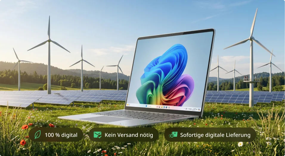Laptop tussen windmolens en zonnepanelen