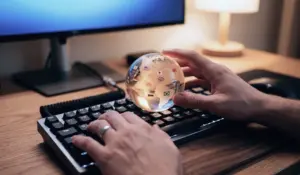 Eine Person tippt mit einer Hand auf einer Tastatur, während sie in der anderen Hand einen Glasglobus mit verschiedenen Nationalflaggen hält; im Hintergrund befinden sich ein Computermonitor und eine Lampe auf einem Holztisch.