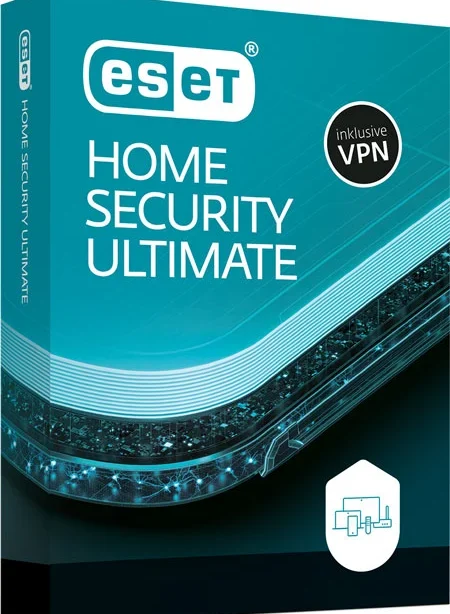 Die Box von ESET HOME Security Ultimate ist in den Farben Grün und Schwarz gehalten und enthält ein VPN-Symbol in einem schwarzen Kreis sowie ein weißes Netzwerksymbol unten rechts.