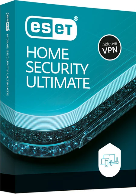 Die Box von ESET HOME Security Ultimate ist in den Farben Grün und Schwarz gehalten und enthält ein VPN-Symbol in einem schwarzen Kreis sowie ein weißes Netzwerksymbol unten rechts.