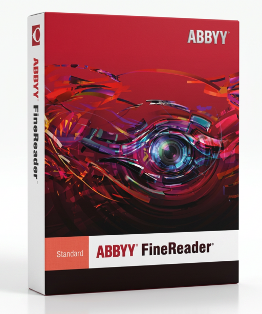 Eine Verpackung von Abbyy Finereader PDF Standard mit einem roten, abstrakten Design und dem ABBYY-Logo steht aufrecht und zeigt Produktdetails auf der Vorderseite und an der Seite, ähnlich wie beim Project Standard 2021.