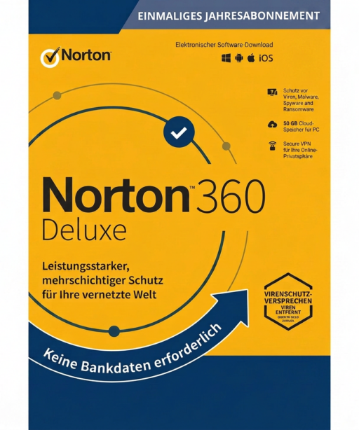 Die deutschsprachige Norton 360 Deluxe-Box ist in Gelb und Blau gehalten und hebt den Virenschutz, das Cloud-Backup, die fehlende Bankverbindung und die Symbole für Windows-, Mac- und iOS-Kompatibilität hervor.