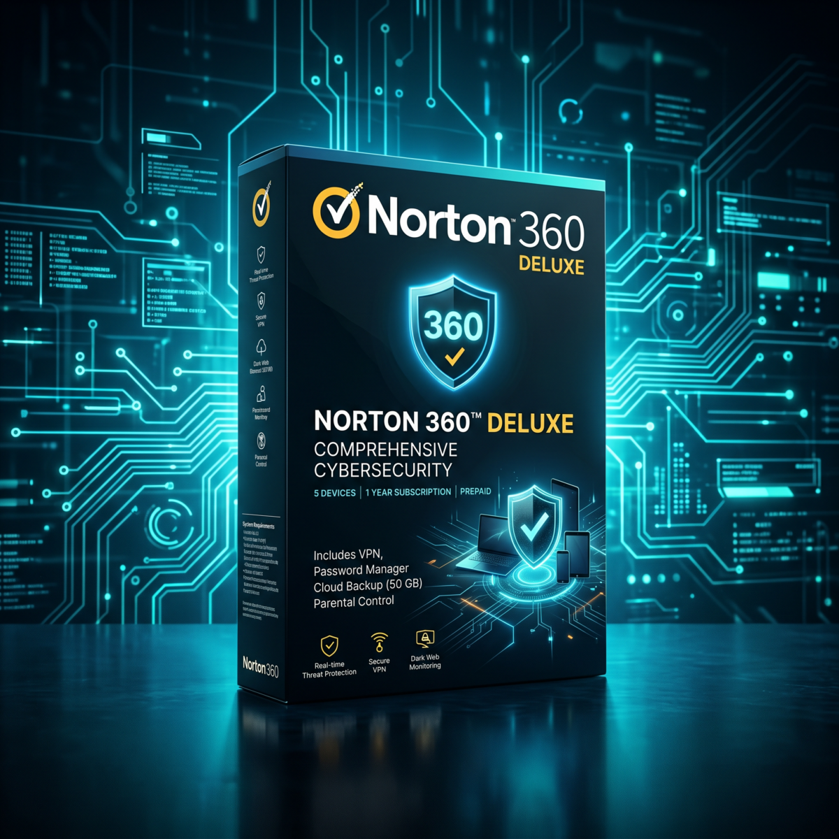 Eine Norton 360 Deluxe-Box steht vor einem technisch inspirierten, blauen Hintergrund mit digitalen Schaltkreisen und stellt Funktionen wie VPN, Passwortmanager, sicheres Cloud-Backup und Kindersicherung vor.