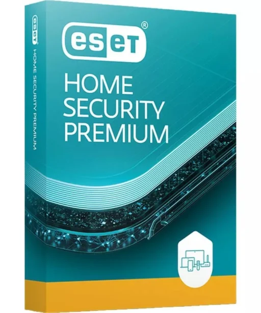 Eine türkisfarbene und gelbe Verkaufsverpackung für ESET HOME Security Premium mit dem ESET-Logo, dem Produktnamen und einem Symbol für den Schutz mehrerer Geräte - angeboten als Alternative zu McAfee Total Protection 2026.