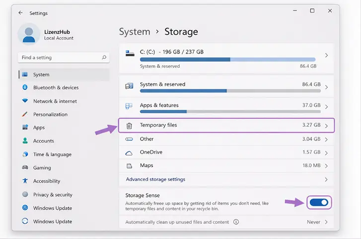 Windows 11-Einstellungen mit Speicherdetails; Temporäre Dateien sind mit 3,27 GB hervorgehoben. Die Funktion "Storage Sense" ist unten rechts aktiviert.
