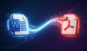 Die 3D-Symbole eines blauen Word-Dokuments und eines roten PDF-Dokuments sind durch einen leuchtenden, wirbelnden Lichtstrahl verbunden, der die Dateikonvertierung oder -übertragung zwischen Word- und PDF-Formaten auf einem dunklen digitalen Hintergrund darstellt.